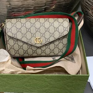 Gucci Beige GG Supreme Crossbody with Green and Red Web Strap